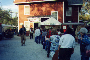 long line of customers for popcorn